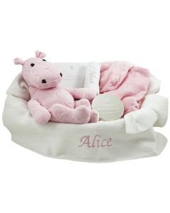 Luxe babymand met gebreide nijlpaard en verzilverd BamBam doosje, wit/roze