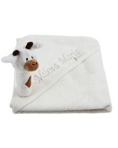 Badcape met babyname en Giraffe Grace rammelaar