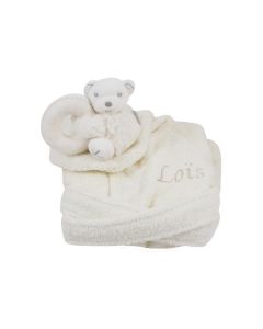 Roomwitte badjas met Kaloo beer rammelaar, 1-2 jaar