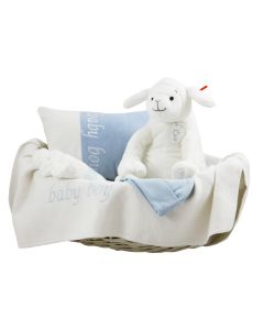 Baby shower, Witte mand met Farm Cow en babykussen - lichtblauw of roze