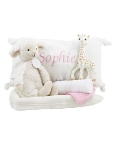 Vintage Lamb Leo op tray met Sophie de giraf, roze of lichtblauw