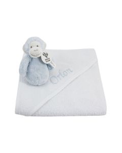 Blue Monkey Mickey rattle op een witte badcape