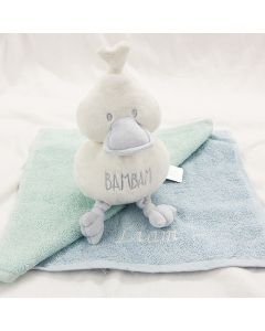 Knuffel eend van BamBam op monddoekjes met naam, lichtblauw