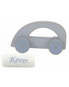 Houten auto met monddoekje met naam - blauw