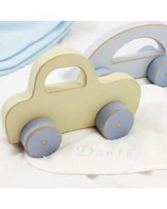 Houten auto of paard op slab met naam - blauw of geel