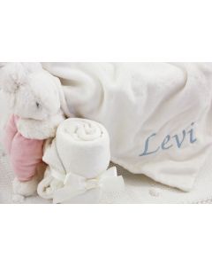 Velvet Bunny Soother op luiermandje, pink