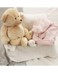 Kraammand met Bear Buster, kussen en badjasje, roze of lichtblauw