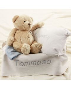 Kraammand met Bear Buster, kussen en katoenen babydeken