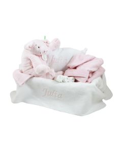 Babymand met geborduurde deken, kussen en badjasje - roze of aqua