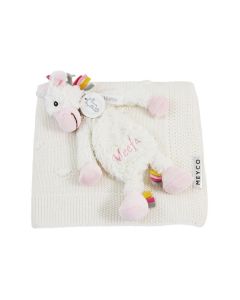 Unicorn Yara tuttle op Meyco Knot babydeken